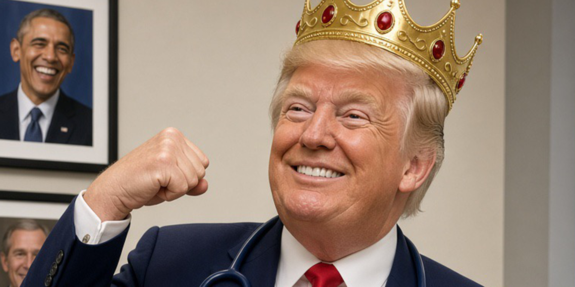 Donald Trump - Baller Alert Satirical image of Donald Trump wearing a crown after claiming his doctor called him healthier than Obama