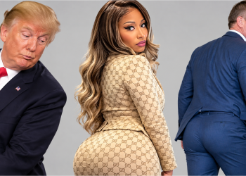 Nicki Minaj, Donald Trump and Jon Husted split image from Trump's Port Huron, Michigan rally