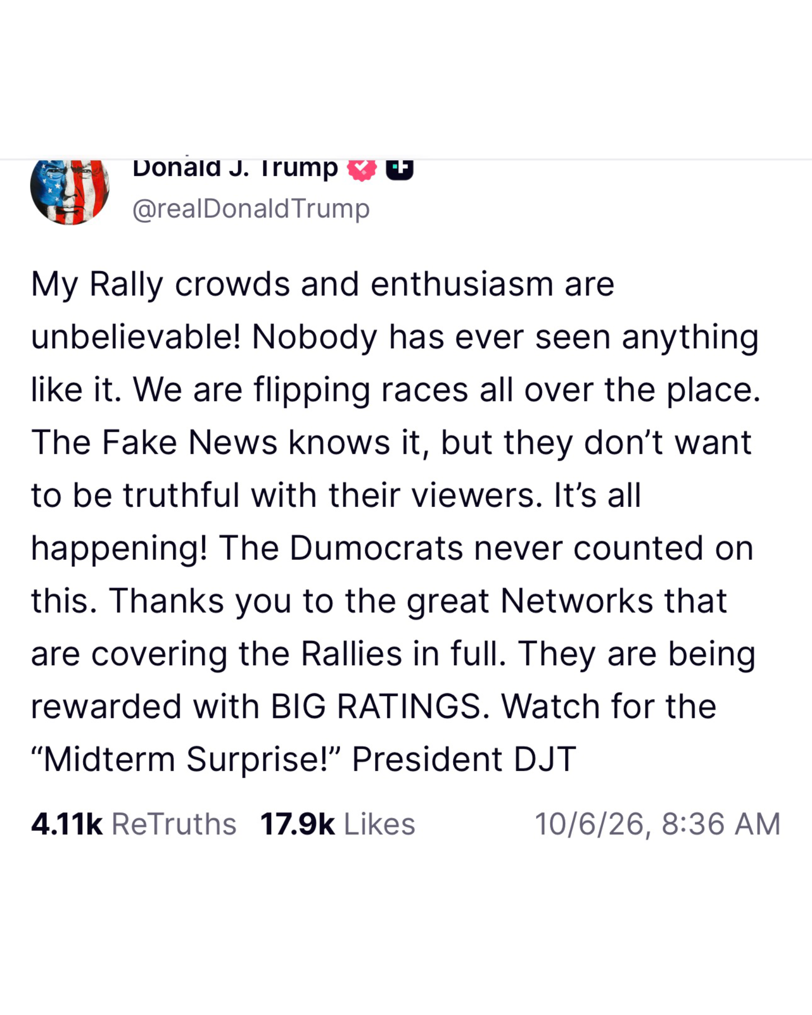 Donald Trump Truth Social post promising a midterm surprise