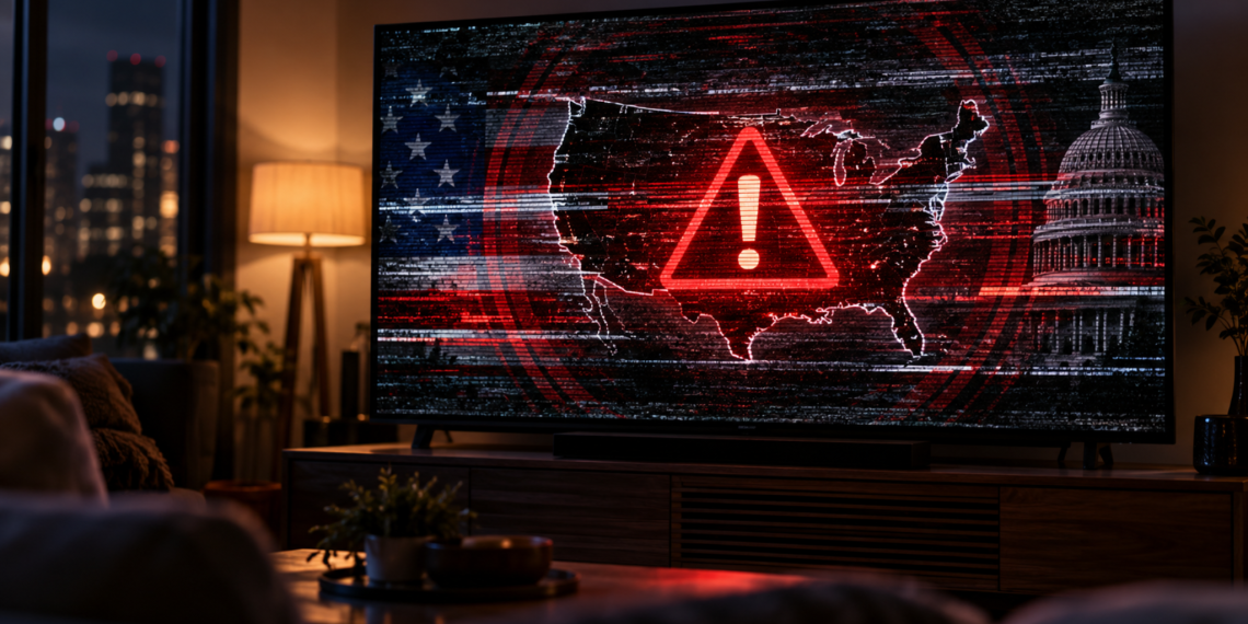 Emergency alert test message displayed on TV screens across a bar