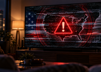 Emergency alert test message displayed on TV screens across a bar