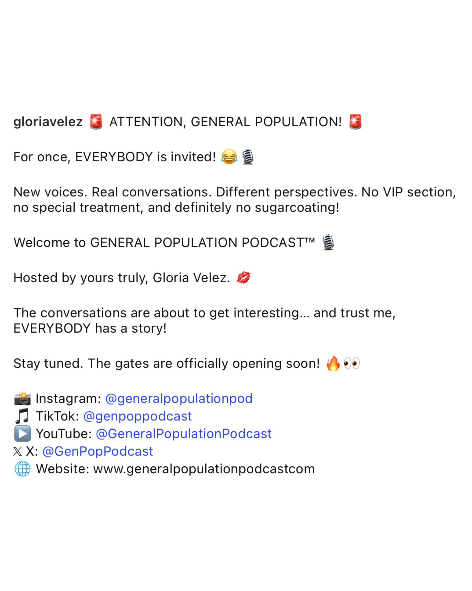 Gloria Velez Instagram post announcing General Population Podcast