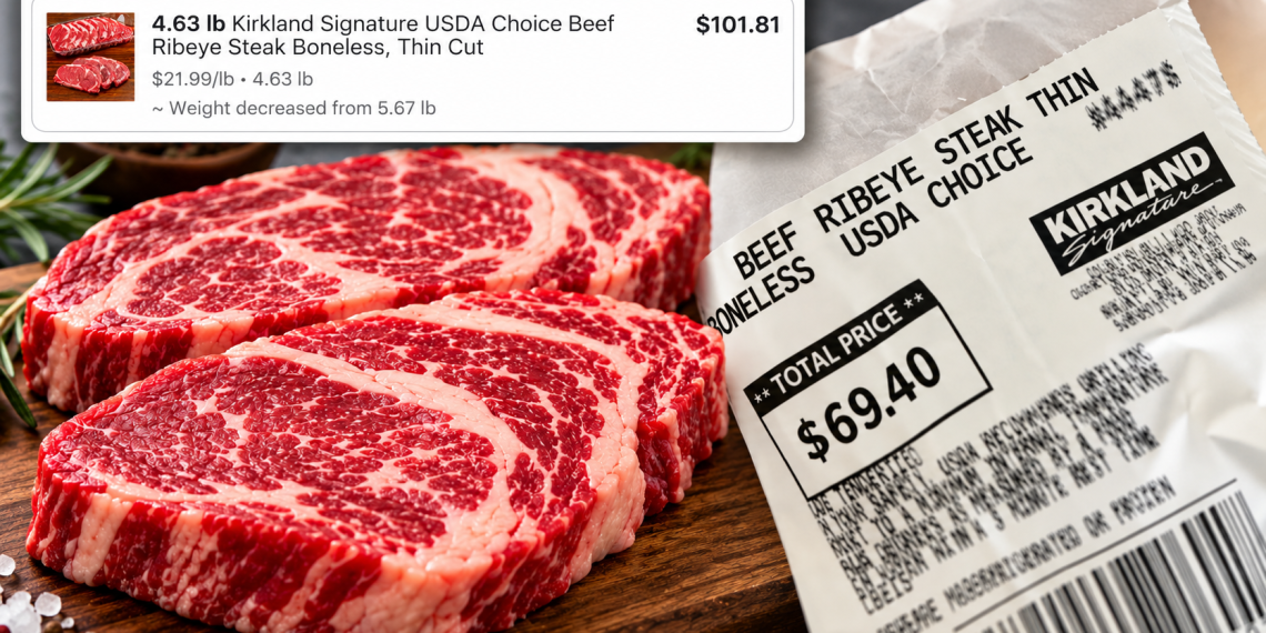 Instacart markup on Kirkland Signature ribeye steak showing a $69.40 Costco sticker and a $101.81 Instacart charge