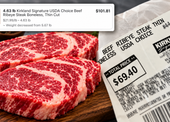 Instacart markup on Kirkland Signature ribeye steak showing a $69.40 Costco sticker and a $101.81 Instacart charge