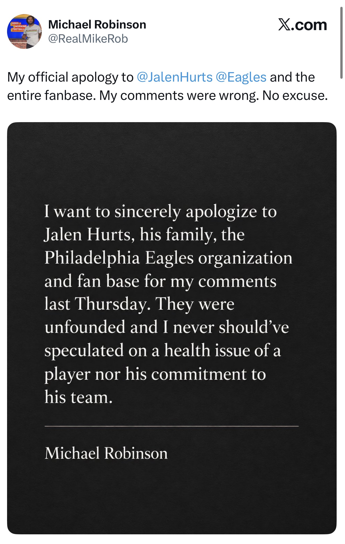 Michael Robinson apology tweet to Jalen Hurts and the Eagles
