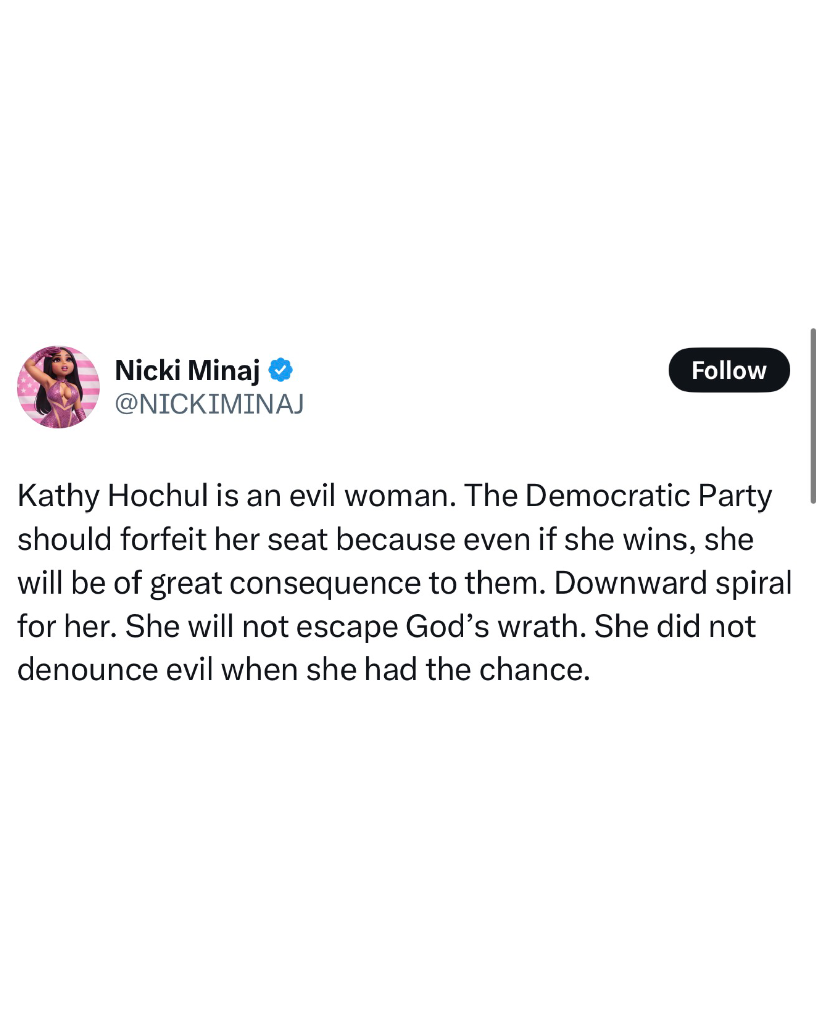 Nicki Minaj post on X calling Kathy Hochul an evil woman