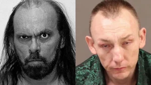 Split image showing two men: left with long hair, beard, and intense stare; right with short hair, pale complexion, wearing a green patterned shirt.