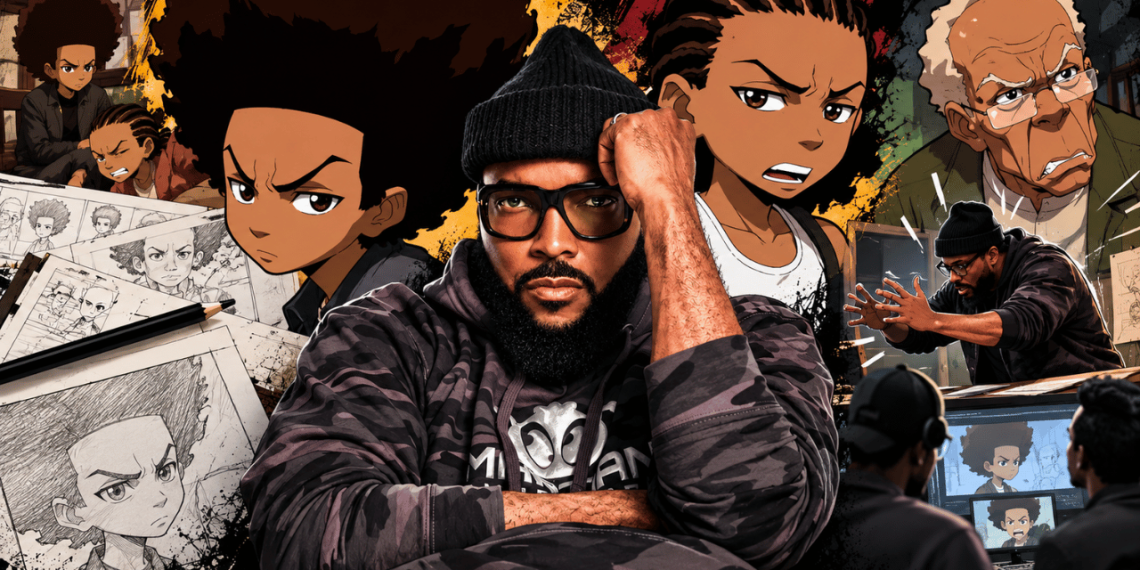 A bearded artist in a camo hoodie sits front and center, surrounded by anime-style characters and sketches, implying behind-the-scenes animation work