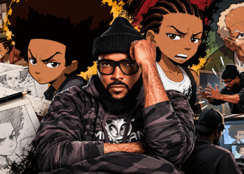 A bearded artist in a camo hoodie sits front and center, surrounded by anime-style characters and sketches, implying behind-the-scenes animation work