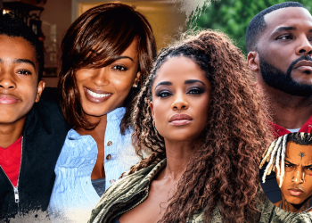 Group photo collage of four diverse adults posing together outdoors, with a circular inset of a male rapper with blond dreadlocks.