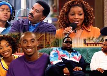 Six friends in a TV-set collage: two in a recording studio singing into a mic and wearing headphones, others smiling on a couch set up for a show, all casually dressed.