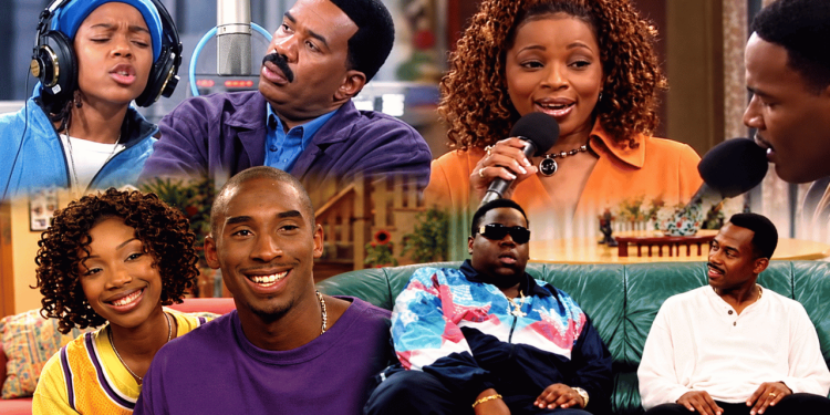 Six friends in a TV-set collage: two in a recording studio singing into a mic and wearing headphones, others smiling on a couch set up for a show, all casually dressed.