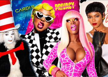 Four flamboyant performers posing together in bright costumes, including a cat in a tall striped hat and red scarf, against a colorful backdrop.