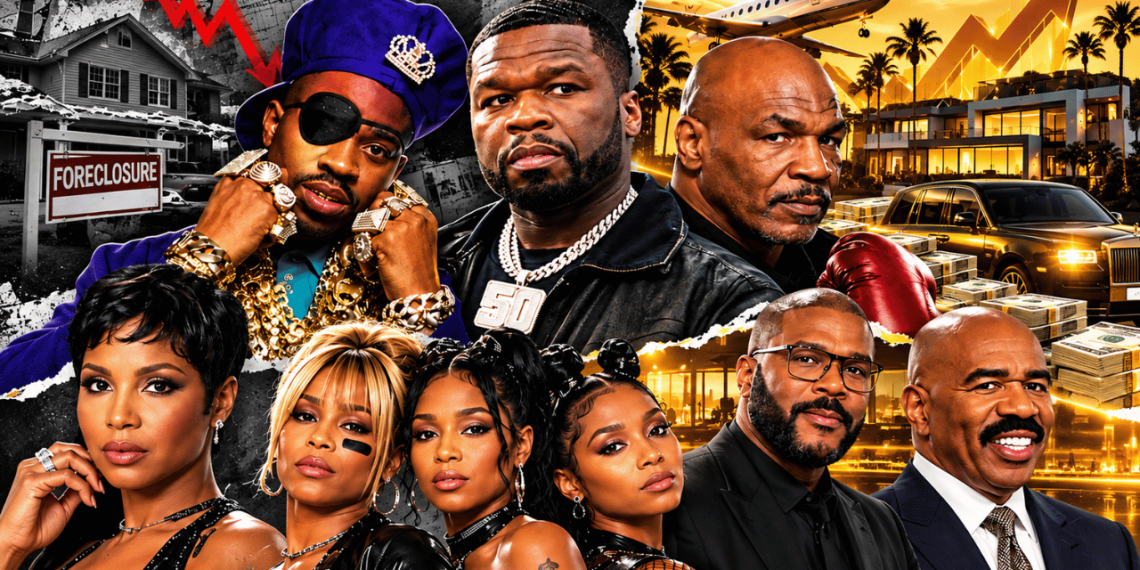 Collage of stylish celebrities in gold chains, with stacks of cash, a luxury house, and a foreclosure sign in the background? no question—background shows wealth and tension.