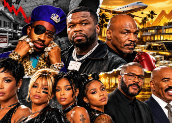 Collage of stylish celebrities in gold chains, with stacks of cash, a luxury house, and a foreclosure sign in the background? no question—background shows wealth and tension.
