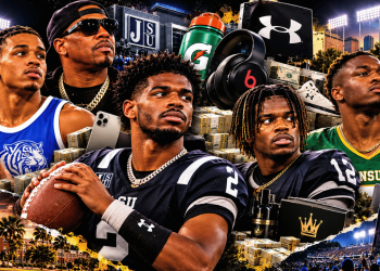 Collage of college football players with gear, campus scenes, and stacks of money suggesting wealth or NIL influence