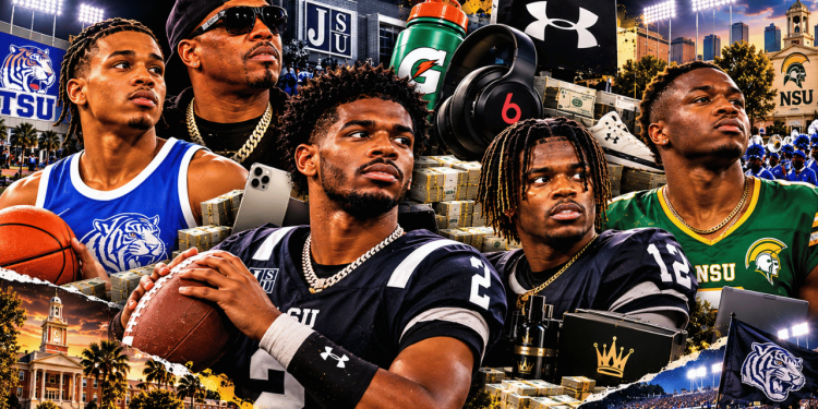 Red Dress-4 - Baller Alert Collage of college football players with gear, campus scenes, and stacks of money suggesting wealth or NIL influence