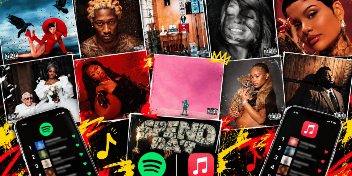 Colorful collage of album covers with two smartphones showing Spotify and Apple Music interfaces, symbolizing a music listening collage.