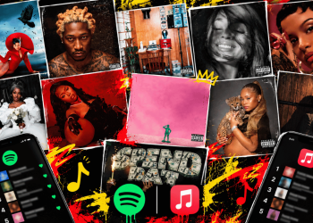 Colorful collage of album covers with two smartphones showing Spotify and Apple Music interfaces, symbolizing a music listening collage.