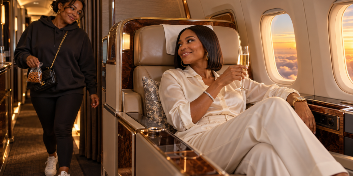 Woman relaxing in first class as her friend walks up from the back of the plane, illustrating the Savannah James first class debate