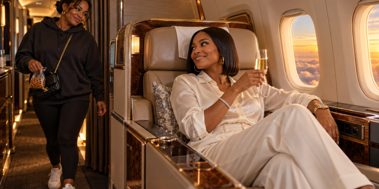 Woman relaxing in first class as her friend walks up from the back of the plane, illustrating the Savannah James first class debate