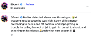 Instagram post by 50 Cent with a colorful circular profile image; caption discusses a meme and warnings about being high and consequences.