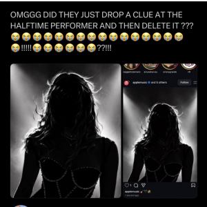 Two black-and-white silhouette photos of a female performer in a beaded outfit on stage; caption teases the halftime performer.