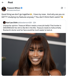 Tweet about a nose job, showing a close-up portrait of a smiling woman with long, dark brown hair and bangs.