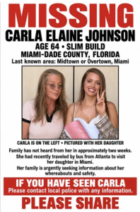 Missing person flyer for Carla Elaine Johnson, 64; last seen in Miami; photo shows her (left) with her daughter—please share information with police.