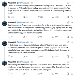 Screenshot of a Twitter timeline from MeekMill (blue check) with multiple posts discussing AI, software ecosystems, pricing, and music streaming issues.