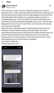Screenshot of a Kelly Clarkson tweet arguing that 'Art of Play' isn’t for sale, with a long paragraph of text and a small attached image showing a receipt-like page.