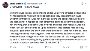 Screenshot of a Twitter post by Bhad Bhabie with the caption 'STOP WITH THE FAKE NEWS' describing a fiancé's car accident and subsequent events.
