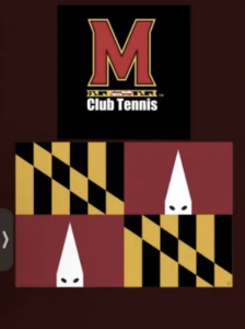 Maryland Club Tennis logo on black square above a maroon and yellow checkerboard grid with small white cone-faced figures.