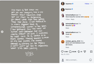 Handwritten note on a gray background about Beyoncé's early work in her mother's salon and carrying on her legacy, signed with a heart and 'VB' symbol.