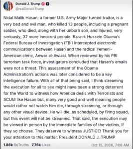 Post-style screenshot attributed to Donald J. Trump arguing about Nidal Hasan, FBI findings, and calling for justice; includes large block of text and engagement stats (1.86k comments, 7.76k likes).