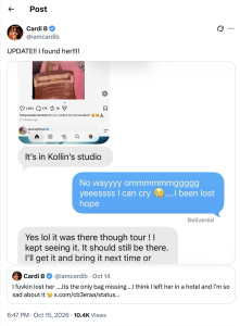Cardi B's verified post announcing an update, with a photo of a brown handbag and chat screenshots visible in the image.