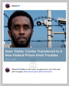 Portrait of Sean 'Diddy' Combs with a security camera and barbed wire in the background, overlaid with a blue headline about his transfer to federal prison.