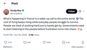 Tweet by Soulja Boy criticizing rising living costs in France, calling for government listening, with globe and 100 emoji in the caption.