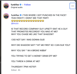 Instagram post by funkflex with bold all-caps caption about being punched and threats of suing; includes emojis and tag @tmztv (original audio).