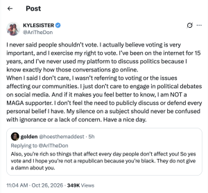 Tweet by KYLESISTER (@AriTheDon) about voting, with a long personal message; a reply from @hoesthemaddest is shown below.