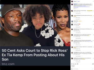 Close-up of three people posing together: a man in a dark shirt and NY cap on the left, a young person with curly hair in the middle, and a heavily made-up woman on the right, with large caption text at the bottom reading about 50 Cent and Rick Ross