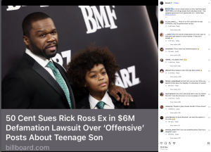 - Baller Alert 50 Cent posing with a young girl on a red carpet with a large headline-style overlay about a defamation lawsuit.