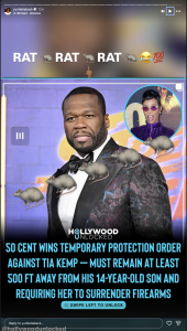 50 Cent in a tuxedo on a colorful set with repeated 'RAT' text and rat emojis; Rihanna appears in a circular inset on the right edge.
