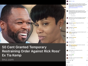 Close-up of a smiling man and woman with a bold text overlay about 50 Cent's temporary restraining order against Rick Ross's ex, Tia Kemp.