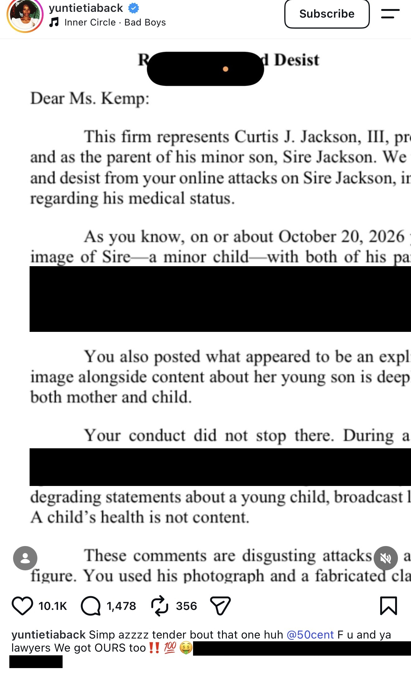Cease and desist letter to Tia Kemp