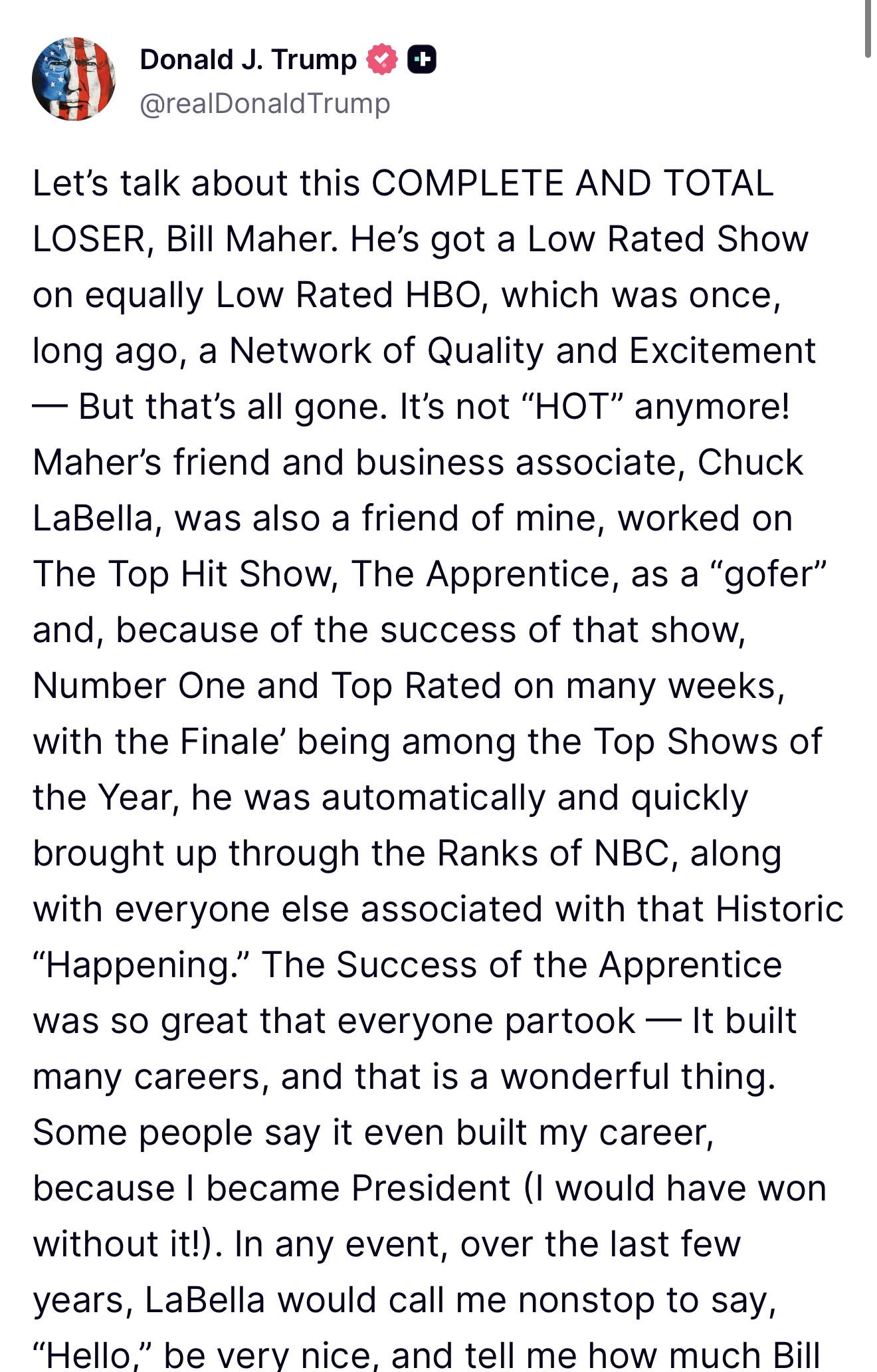 Trump Truth Social post calling Bill Maher a complete and total loser, part 1