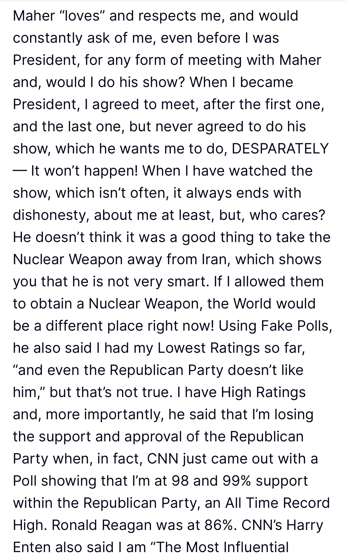 Trump Truth Social post calling Bill Maher a complete and total loser, part 2