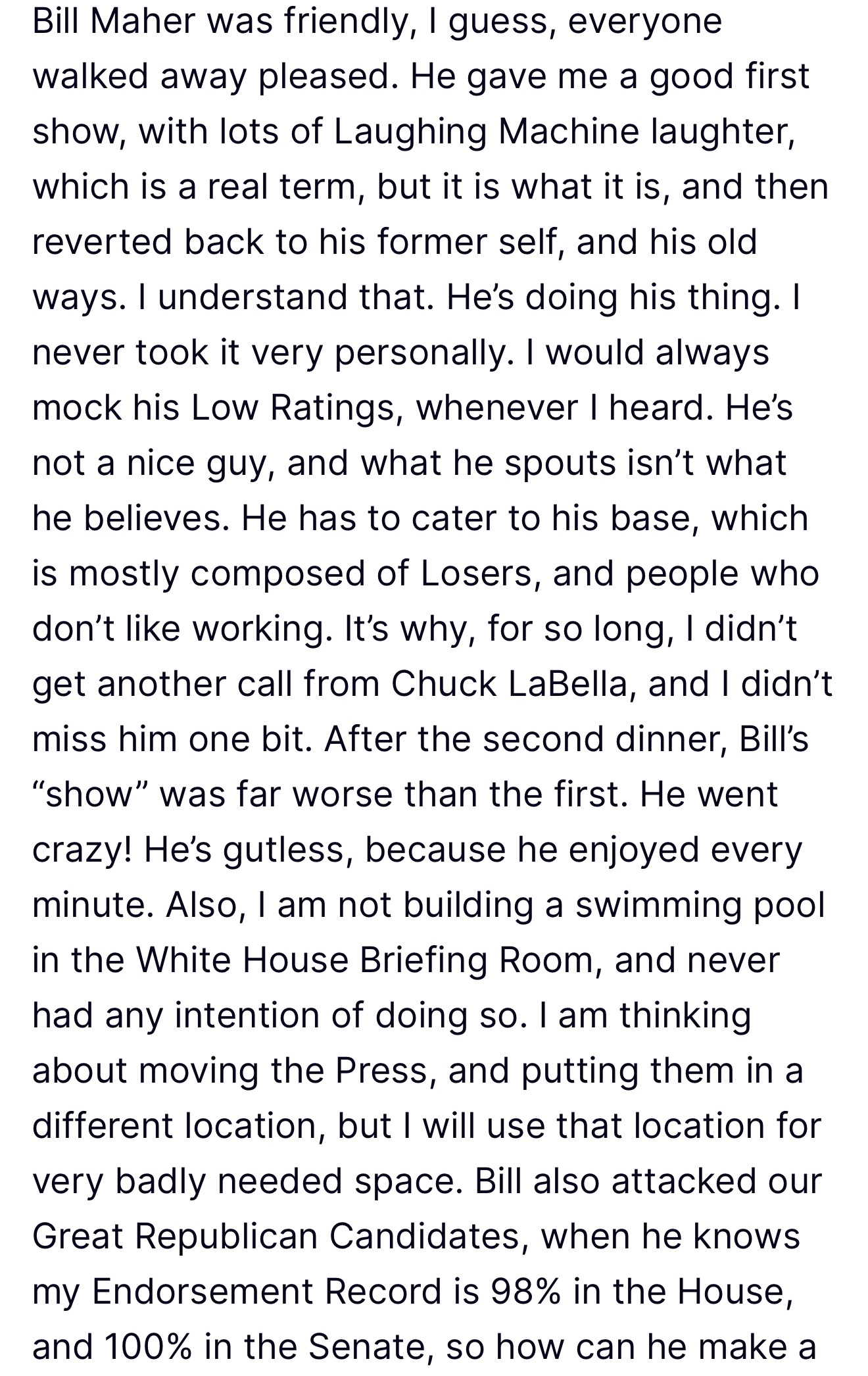 Trump Truth Social post calling Bill Maher a complete and total loser, part 5