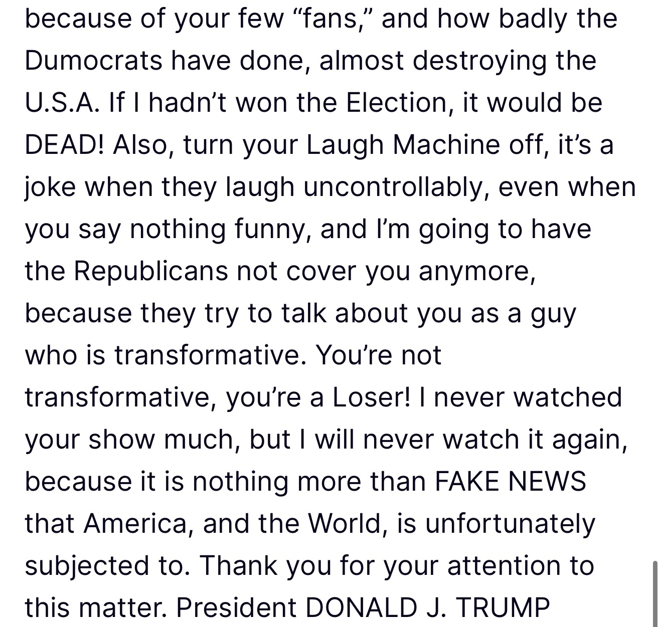 Trump Truth Social post calling Bill Maher a complete and total loser, part 7