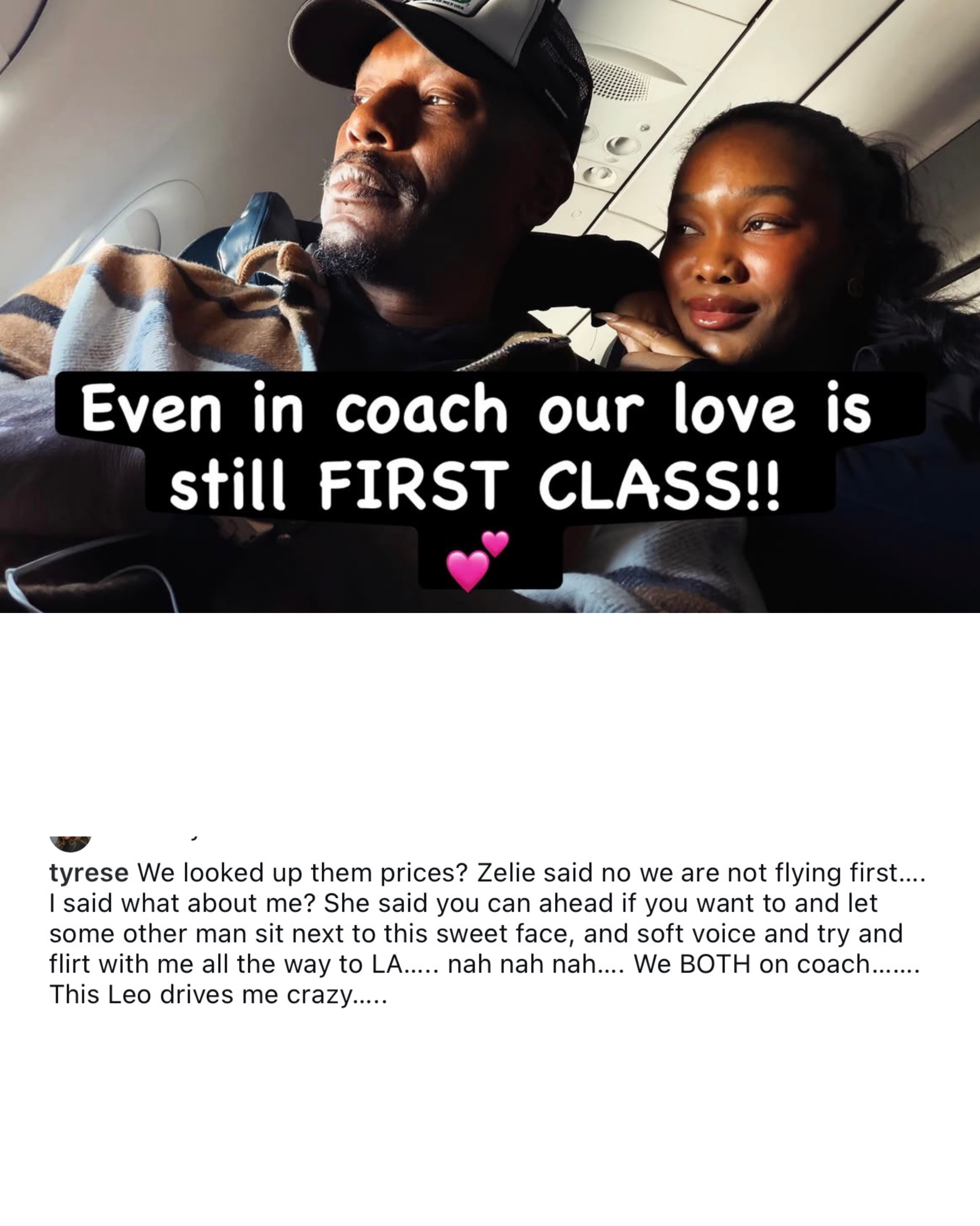 Tyrese and Zelie Timothy flying coach on a flight to Los Angeles